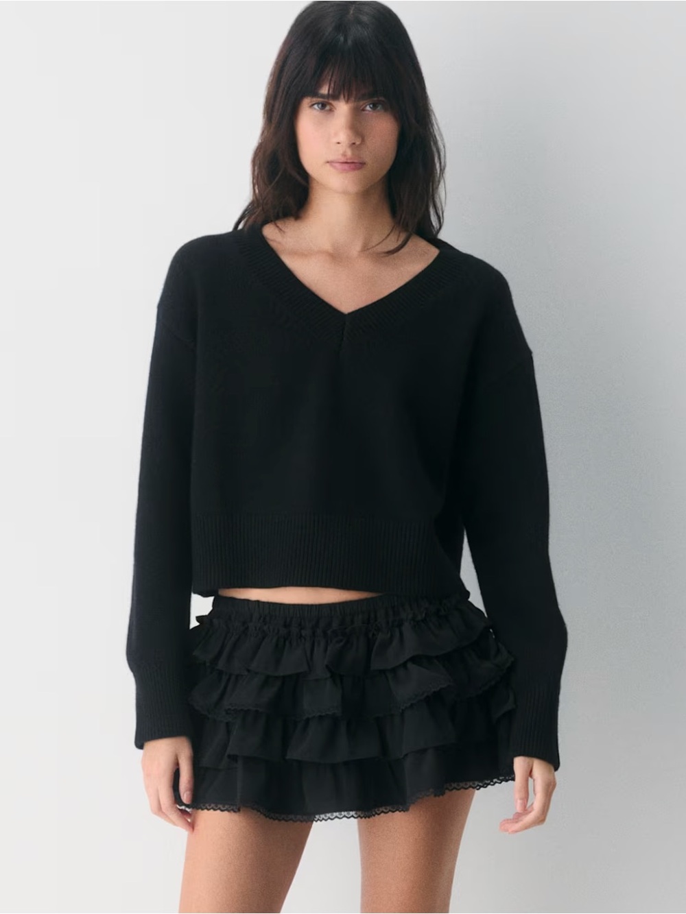 Aritzia Wool Blend Black V-Neck Cropped Sweater